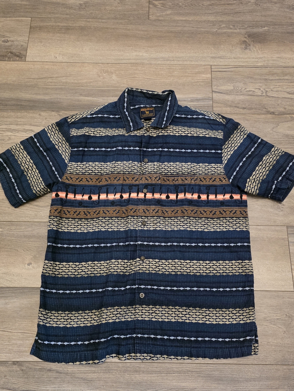 Vintage Woolrich Shirt Mens Large Fishing Lure Print Short Sleeve Button Up